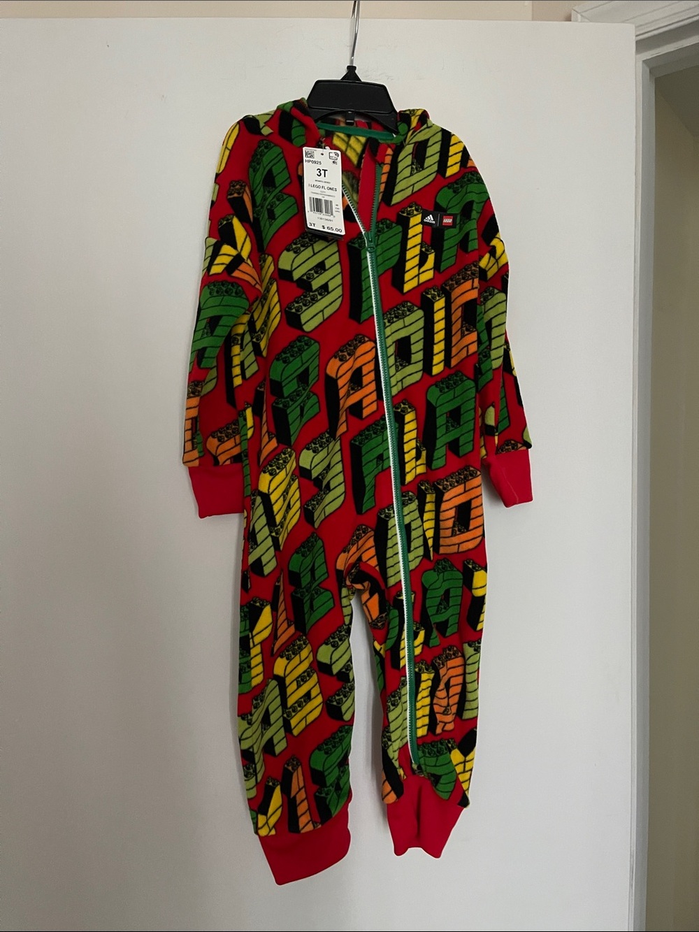 adidas Red Hooded Zip One-Piece with Green & Yellow Graphic